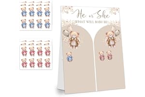 LNOKRIM Gender Reveal Party Games, Bear Theme Baby Gender Reveal Voting Board Sign, 48 Boys Girls Bear Voting Stickers, He or She, Baby Gender Reveal Party Decorations Games for Boy or Girl Shower