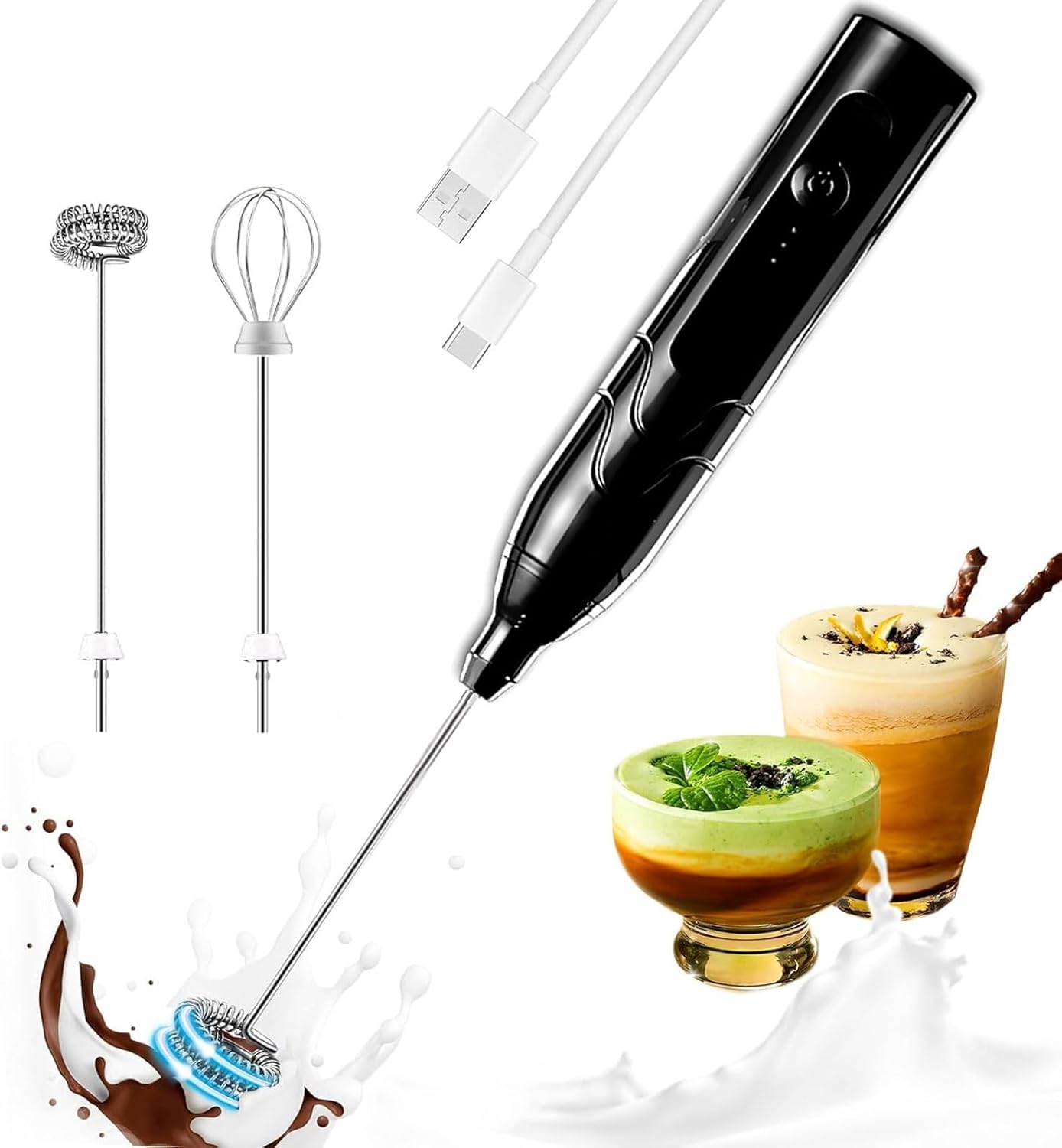 Photo 1 of Rechargeable Milk Frother Handheld with 2 Heads, Black Color Coffee Electric Whisk Drink Foam Mixer, Mini Hand Stirrer with 3 Speeds Adjustable for Latte, Cappuccino, Hot Chocolate, Egg
