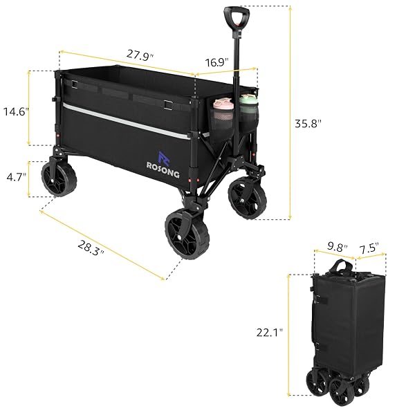 ROSONG COLLAPSIBLE WAGON CART WITH WHEELS FOLDABLE – FOLDING UTILITY HEAVY DUTY WAGONS CARTS FOR GROCERY SPORTS GARDEN SHOPPING CAMPING WHEELBARROWS (BLACK, 120L)
