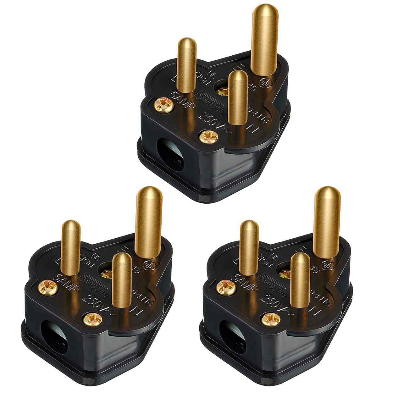 Geliking 5 Amp Round 3 Pin Plugs, BS546 Type G Adaptor Electrical Plug for Home Lights, Lamp(Black, 3 Pack)