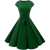 Dressystar Women's Vintage 1950s A Line Cap Sleeve Cocktail Party Dress | 50s Retro Tea Party Rockabilly Dress,Short sleeve Knee Length Swing Prom Dresses,Crew Neck,Detachable Belt,Lightweight