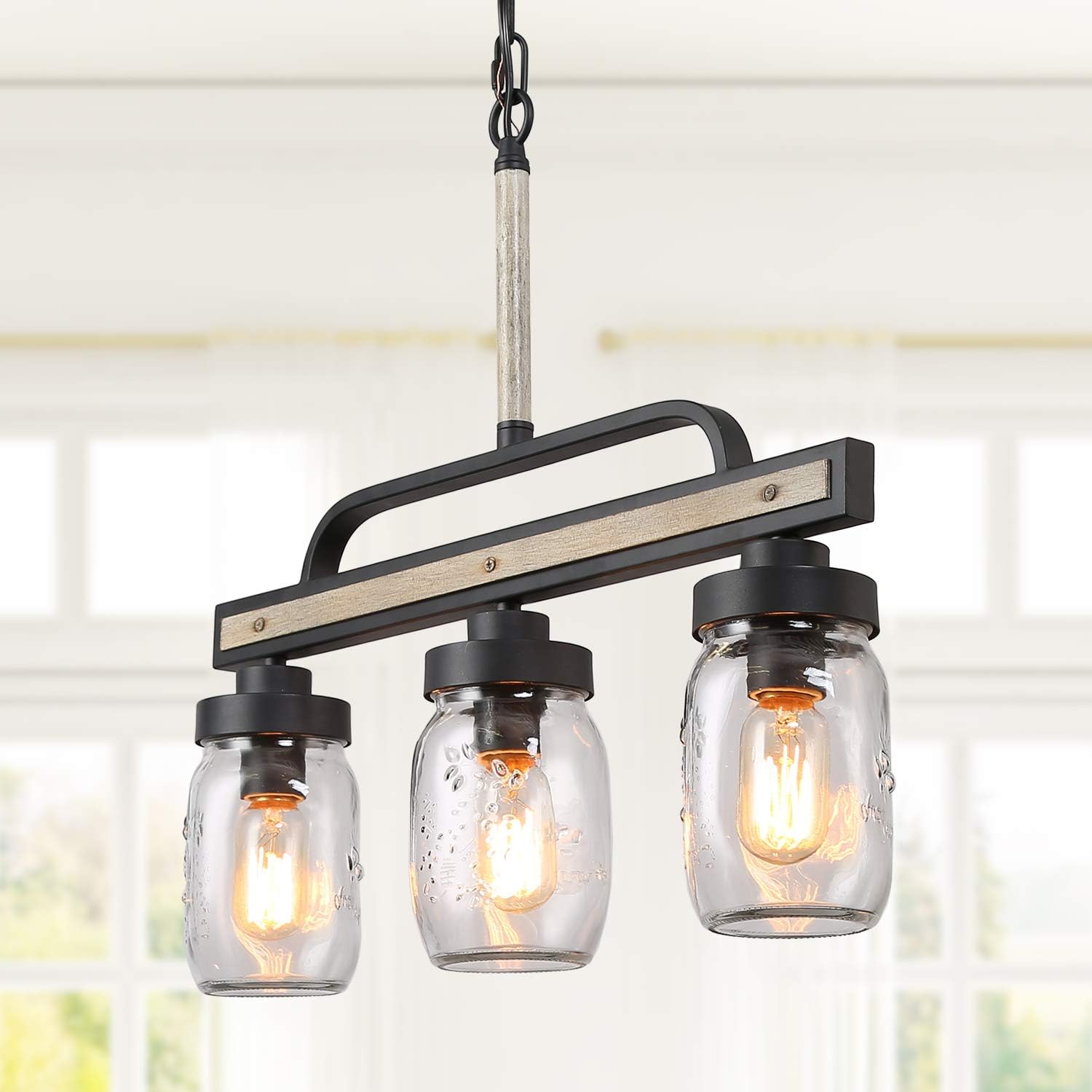 Linear Pendant Light Fixture For Kitchen Island Rustic Chandelier In Faux Wood Metal Finish With Glass Shade L22 X H19 5 Farmhouse Mason Jar Lighting Island Lights Tools Home Improvement Olharcidadao Com Br