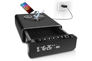 BBRKIN Fingerprint Biometric Gun Safe, Clock Handgun Safe with 3-in-1 Watch & Phone Wireless Charging, Drawer Lock for Hand guns, Cash, Valuables- with Humidity |Temperature| Alarm Clock| Time