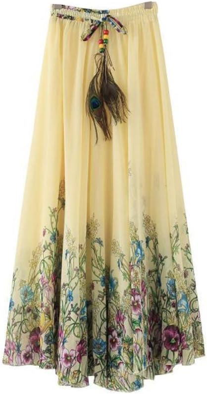 Kaxuyiiy Women's Casual Beach Peacock Feather Maxi Elastic Waist Long Pleated Skirt