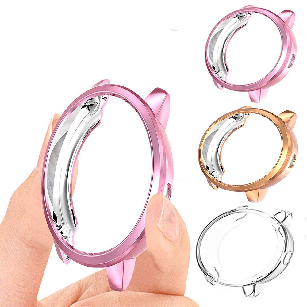 (3 Packs) Smilego Soft TPU Plated Screen Protector Protective Cover Case Bumper Shell Compatible with Garmin Vivoactive 3 Smartwatch [Scratchproof] [Anti-Shatter] [Anti-Impact]-Pink+Rose Gold+Clear