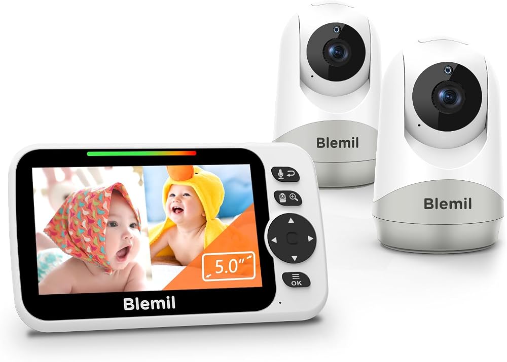 Blemil Upgrade Baby Monitor 5" Split Screen 2 Cameras 30H Battery