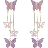Purple Butterfly Tassel Style Zircon Earrings for Women 3D Long Butterfly Dangle Earrings Crystal Rhinestone Drop Earrings Butterfly Jewelry Birthday Gift for Women