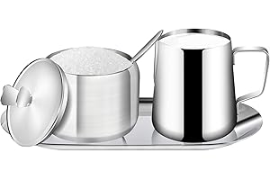 Worldity Stainless Steel Sugar and Creamer Set, Coffee Sets for Serving, Latte Milk Cup Cream Jug and Sugar Bowl with Lid Spo