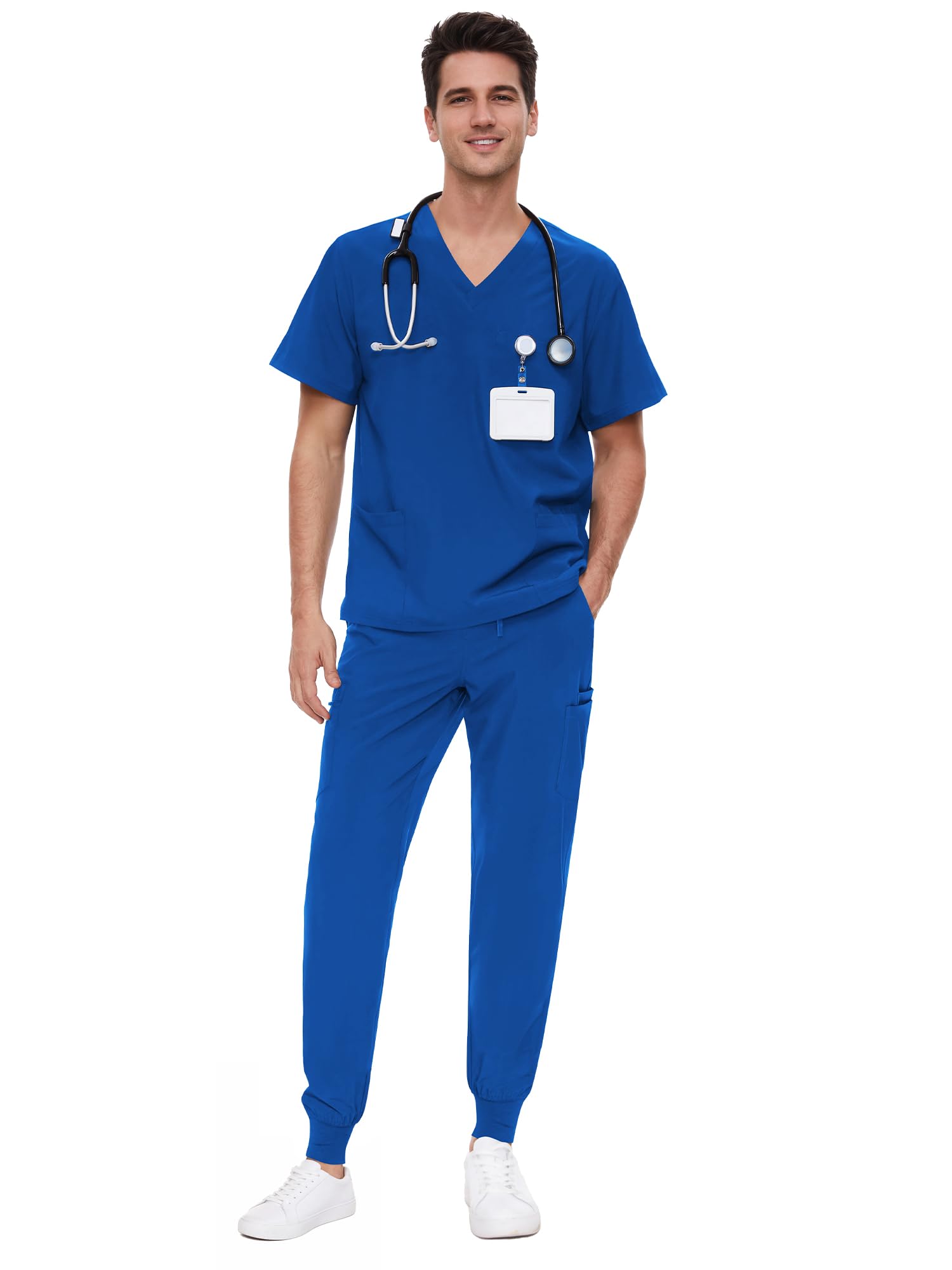 COZYFIT Scrubs for Men - 4 Pockets V-Neck Scrub Top and 7 Pockets Jogger Pants Mens Scrubs Set, Royal Blue, XL, Petite Image