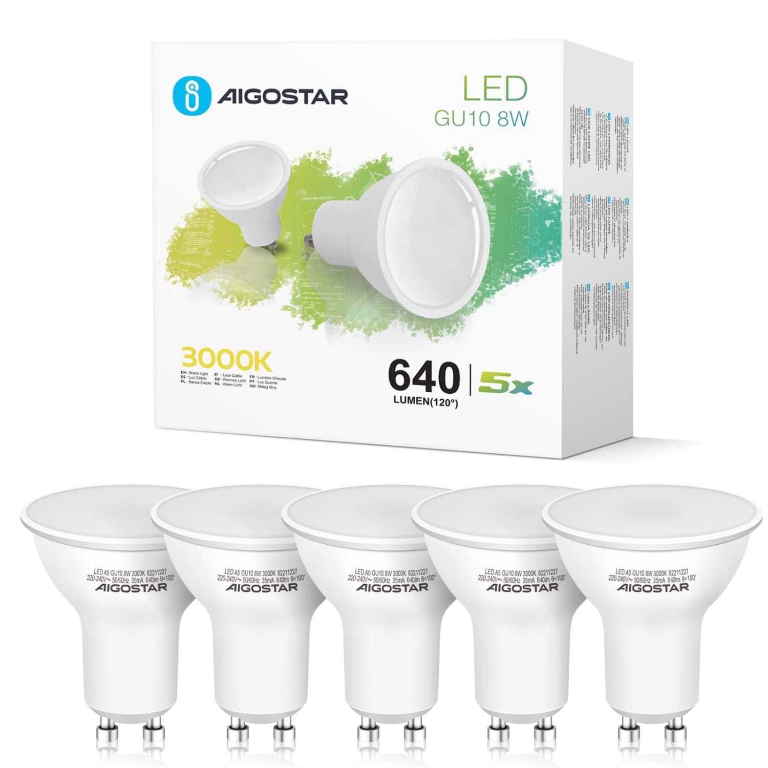 Aigostar GU10 LED Bulb Warm White 3000K, 8W Equivalent 88W, 640 Lumens, GU10 Base Spotlight, Wide Beam 100-120º, CRI ≥ 80, Pack of 5 Units with Box — image 1