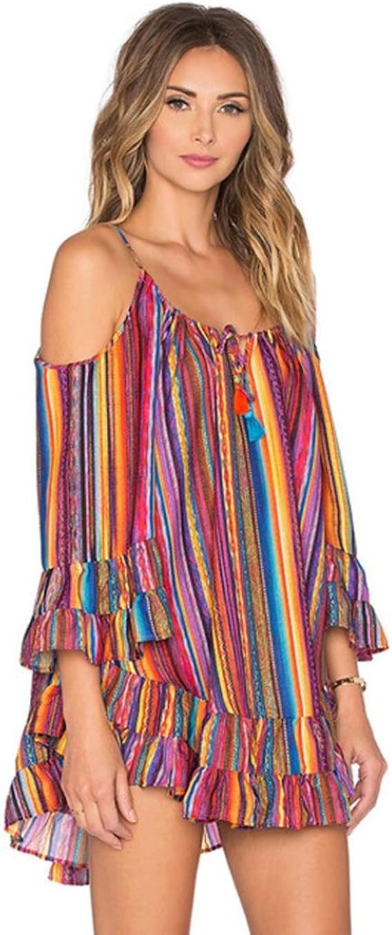 MMUA Women's Summer Rainbow Print Fringed Beach Dress Loose Chiffon Strap Dress Sundress 