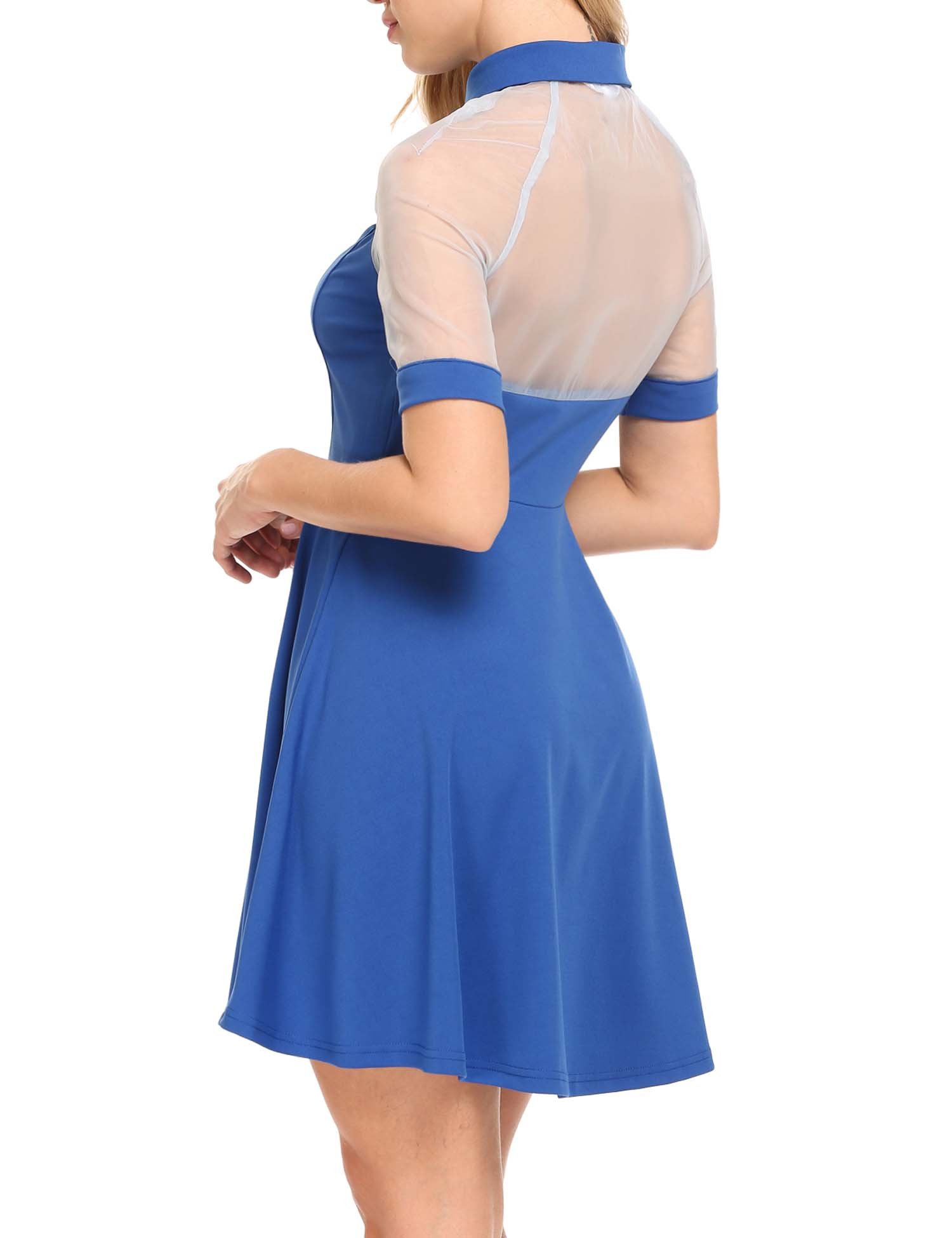 ANGVNS Women Short Sleeve Collar Neck Fit and Flare Cocktail Party Short Mini Dress, Blue, L