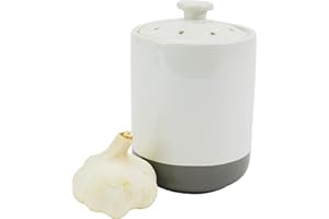 Boston Warehouse Stoneware Garlic Keeper Canister, White and Grey Colorblock