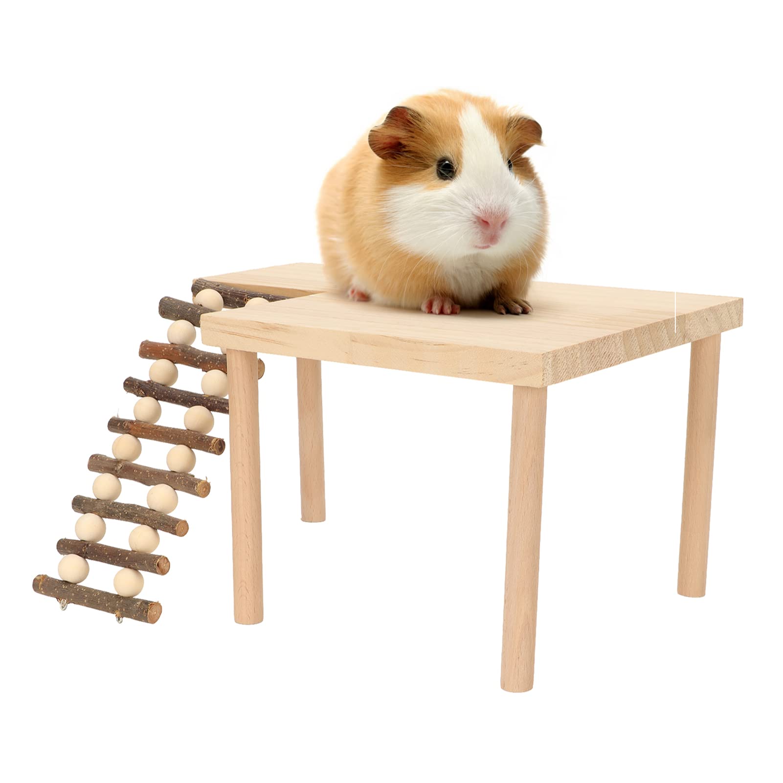 Hamster Platform, 2 Layer Small Pet Wooden Platform for Squirrel Gerbil Bird Syrian Golden Bear with Climbing Ladder for Cage Accessories Durable Natural Wood