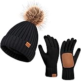 Womens Winter Beanie Hat Gloves Set,Fleece Lined Warm Knit Pom Pom Ski Hat Touchscreen Gloves Set Gifts for Cold Weather