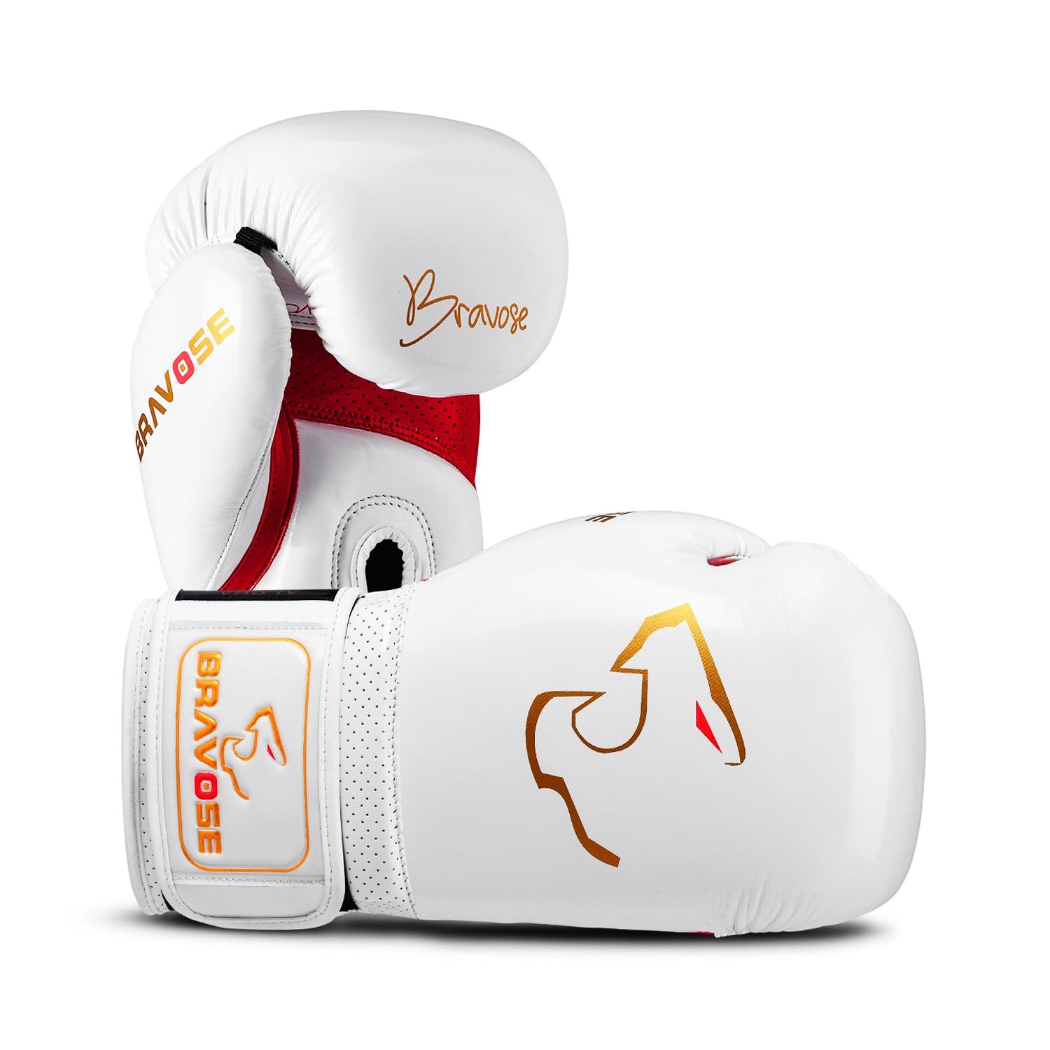 BRAVOSE Alpha Strap Boxing Gloves Mens, Women for Entry Level Boxers for Punching Bag Training & Sparring MMA Kick Boxing Muay Thai Made By Premium PU Leather Ventilated Palm (White Red, 16 Oz)