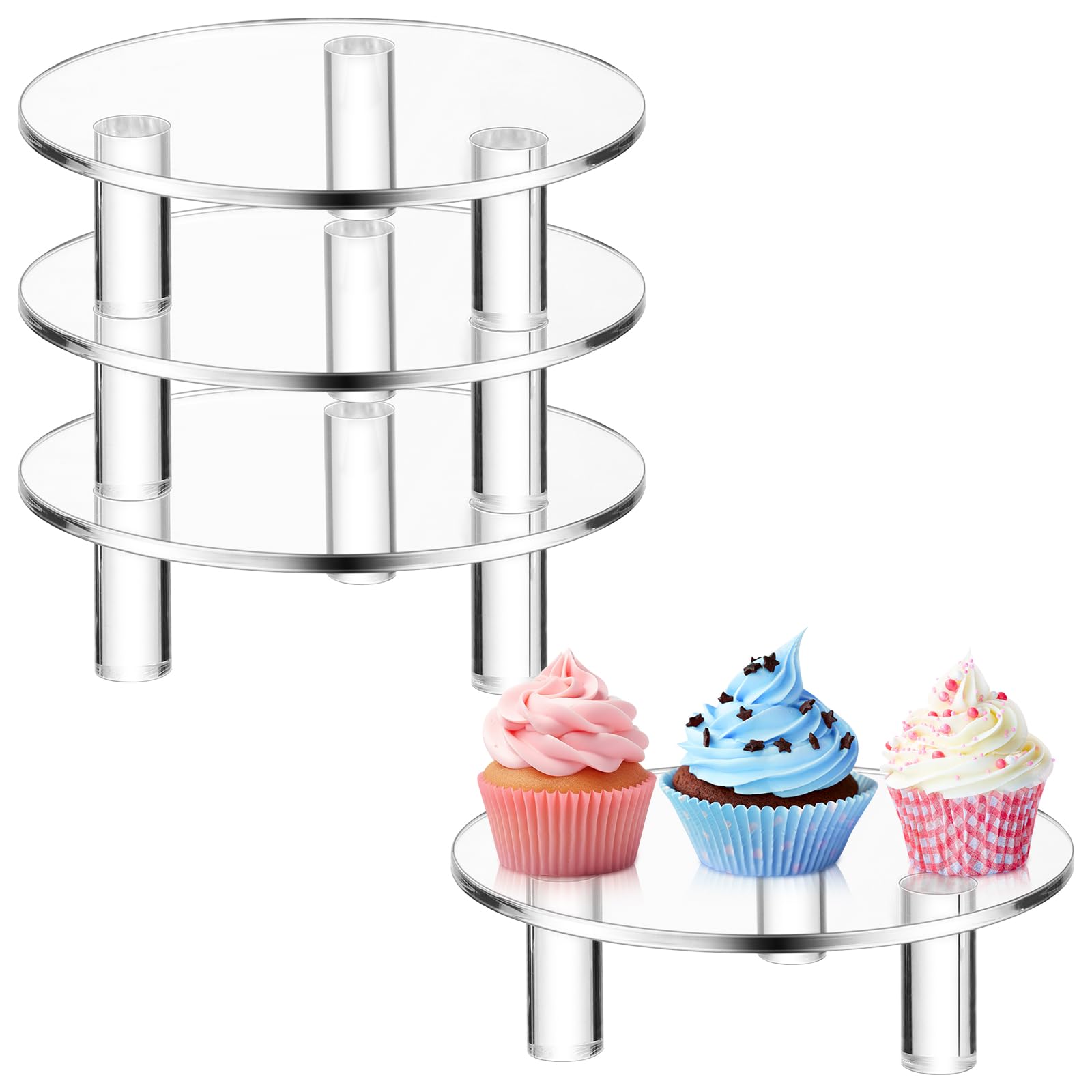 Photo 1 of Memorywuu 3 Pcs 6 Inch Round Acrylic Risers Display Stands Small Clear Round Acrylic Display Riser for Cake Food Jewelry Figurines Collectibles Table Decor Organizer