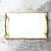 White and Gold Marble Tray (11.7X7.8X1.5 Inch, 4lbs) Luxury Display in Home and Kitchen for Table Handmade, Luxury Tray (White, Gold)