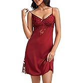 Rooscier Women's Satin Floral Lace Sheer V Neck Adjustable Spaghetti Strap Sexy Lingerie Mini Nightdress