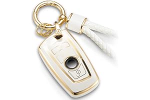 CTRINEWS for BMW Key Fob Cover with Metal Braided Rope Keychain for BMW Accessories, Upgraded Soft Key Case for Classic BMW Smart Remote Keyless Key Fob Shell (Gold Edge A)