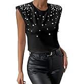 GORGLITTER Women's Pearl Beaded Top Blouses Casual Dressy Sleeveless Shoulder Pad Tee T-Shirt Going Out Outfits