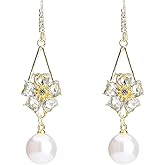 W WEILIRIAN Boho Pearl Drop Earrings for Teen Girls Crystal Flower Dangle Earrings Pearl Dangling Earrings Vintage Pearl Bead Earrings Flower Pearl Earrings Jewelry for Women Gifts