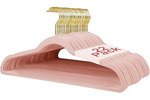 Wellong 22 Packs Velvet Clothes Hangers, 17.3 Inches Non-Slip Skirt Hangers, Dresses Hangers with Shoulder Notches, Space Saving Clothing Hangers for Adults Pink - Gold Hook