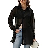 Gihuo Womens Sheer Blouse Mesh Button Down Shirts Long Sleeve Sexy See Through Tops