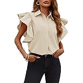 Tankaneo Womens Ruffle Button Down Shirts Cute Summer Short Sleeve Blouse Tops Light Khaki