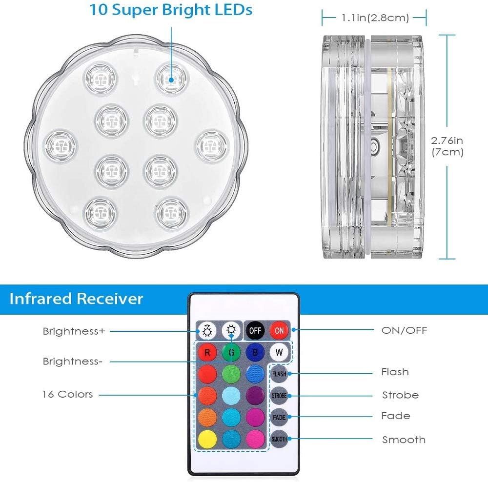 10 LED Submersible Lights, Hot Tub Lights with Remote Control, Multicolor RGB Waterproof Underwater Light - Image 5