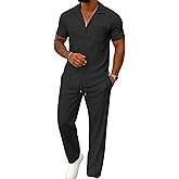 UOUA Mens Summer 2 Piece Set Casual Outfits Button Short Sleeve Shirt & Loose Pants Textured Striped Tracksuit Walking Suits