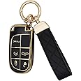 SUNCARACCL for Jeep Key Fob Cover with Leather Keychain, Soft TPU Full Cover Protection Key Case for Grand Cherokee Renegade Dodge Durango Challenger Journey Smart Key