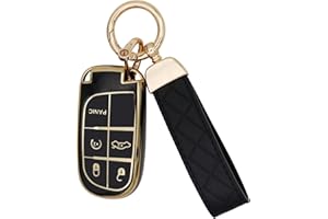 SUNCARACCL for Jeep Key Fob Cover with Leather Keychain, Soft TPU Full Cover Protection Key Case for Grand Cherokee Renegade Dodge Durango Challenger Journey Smart Key