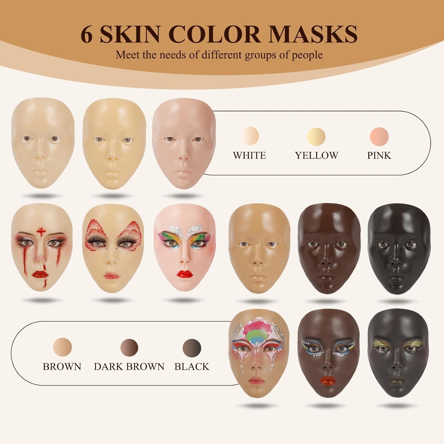 Makeup Practice Board, Face Painting Mannequin Head with Stand, 5D Reusable Silicone Face Practice Board for Makeup Artists & Beginners, Brown