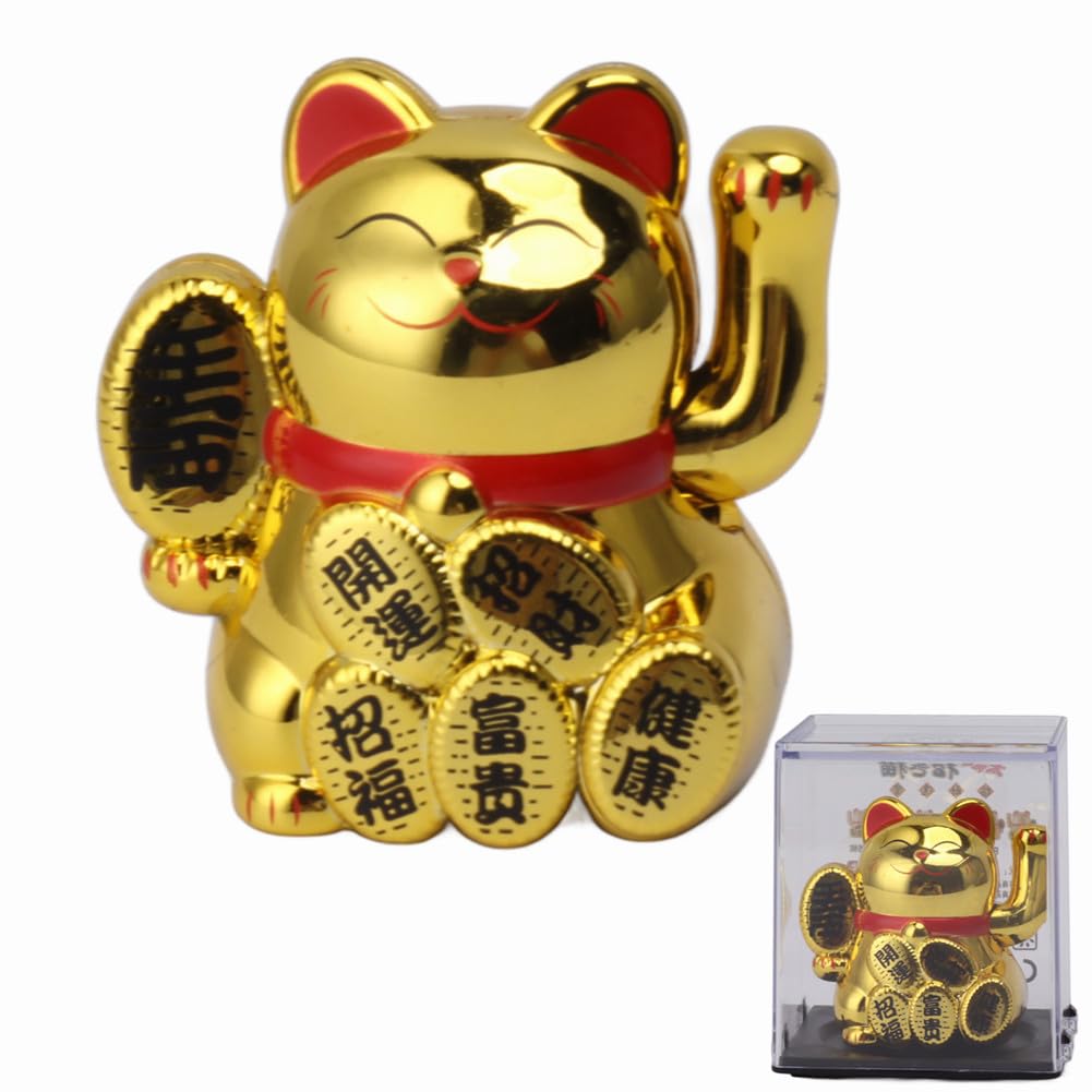 Mumusuki Lucky Cat Waving Arm Set, Solar Powered Cute Waving Cat Maneki Neko Waving Arm for Fortune Money and Good Luck Solar Fortune Cat Statue Decorations for Decorating Front Desk (Gold)