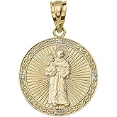 Solid 14k Gold Round St. Anthony of Padua Medal Pendant with Diamond (1")