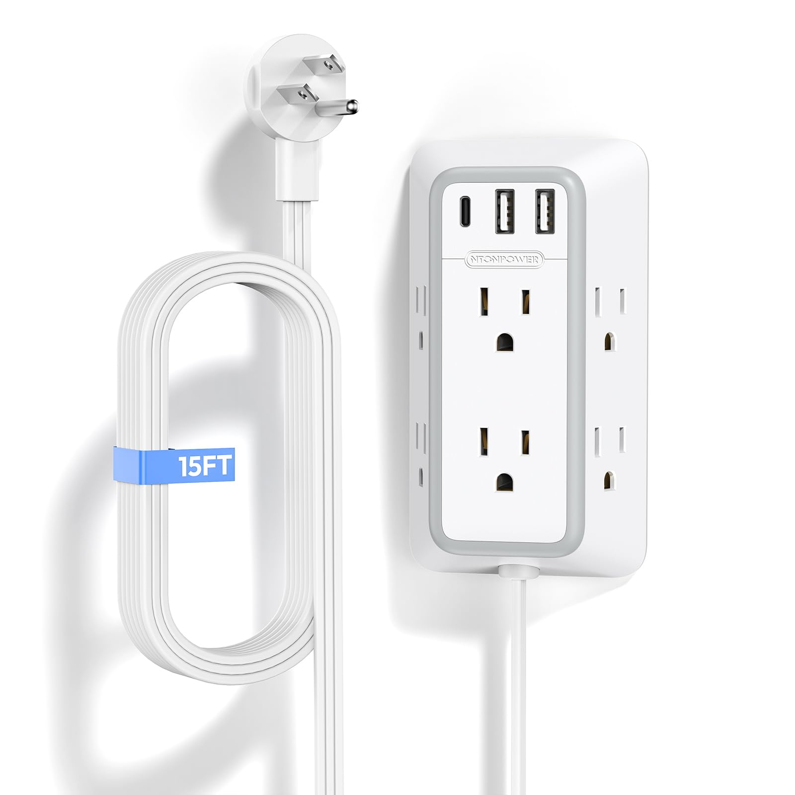 Photo 1 of NTONPOWER Power Strip with Flat Plug 15 ft Cord, Surge Protector Extension Cord, Wall Mount Power Strip with USB, Surge Protector Long Extension Cord with USB C for Home Office Accessories, White