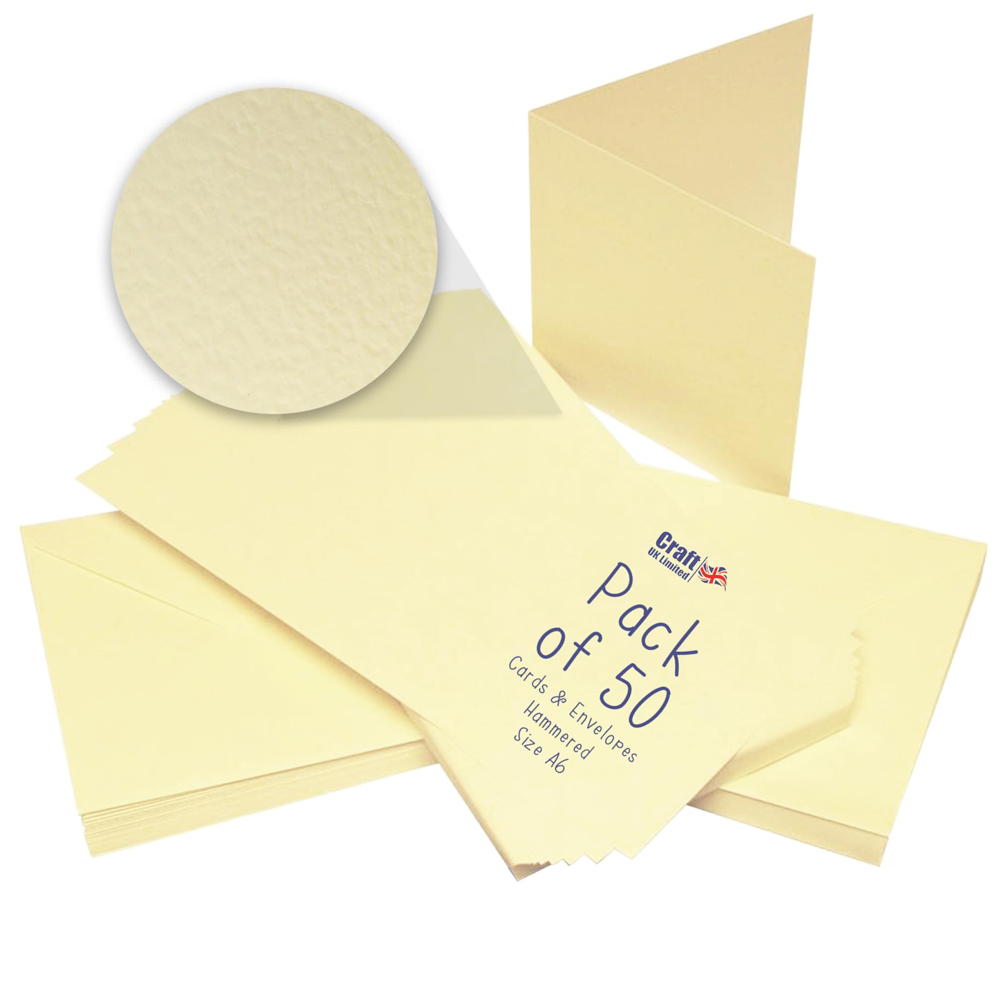 Craft UK, 50 Hammered Blank Cards and Envelopes for Card Making, 300gsm, Made in the UK, Lasting Quality, Ivory, A6