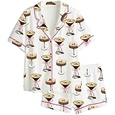 Juakoso Champagne Bottle Pajamas Set Women Funny Wine Print Lounge Sets Silk Satin Pjs Y2k Espresso Martini Sleepwear