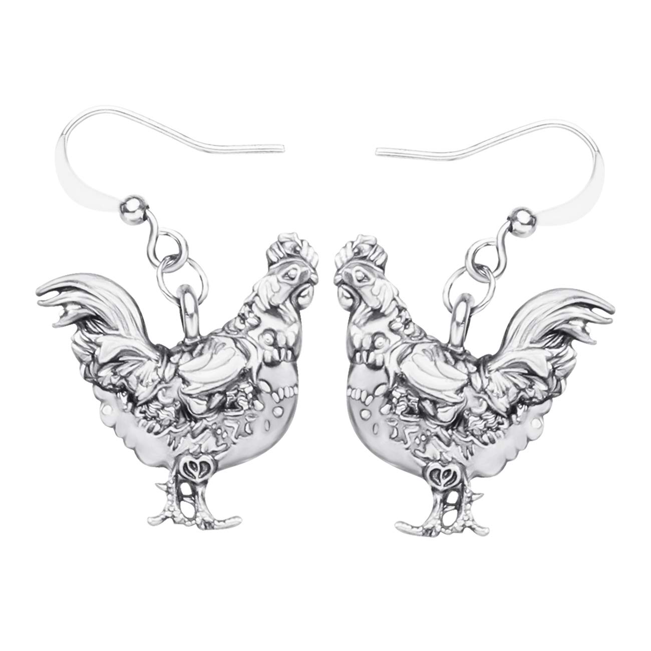WEVENI Alloy Antique Silver Gold Plated Rooster Hen Chicken Earrings Dangle Farm Themed Jewelry Dainty Gift for Girls Women (Silver Hen)