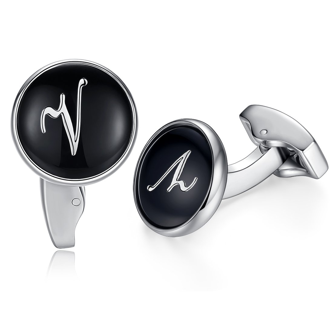 HONEY BEAR Initial Alphabet Letter Cufflinks for Men, Black Round Shape Wedding Business Gift A - Z (V)
