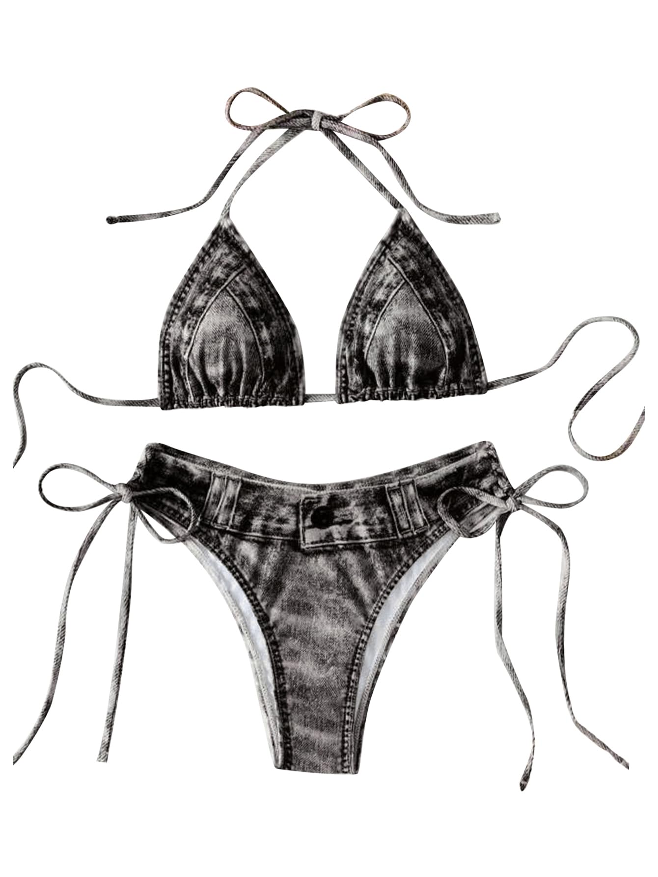 Photo 1 of *STOCK IMAGE FOR REFERENCE*
MakeMeChic Women's Bikini Set Denim Print Halter Tie Back Triangle Swimsuit Beachwear Black Small