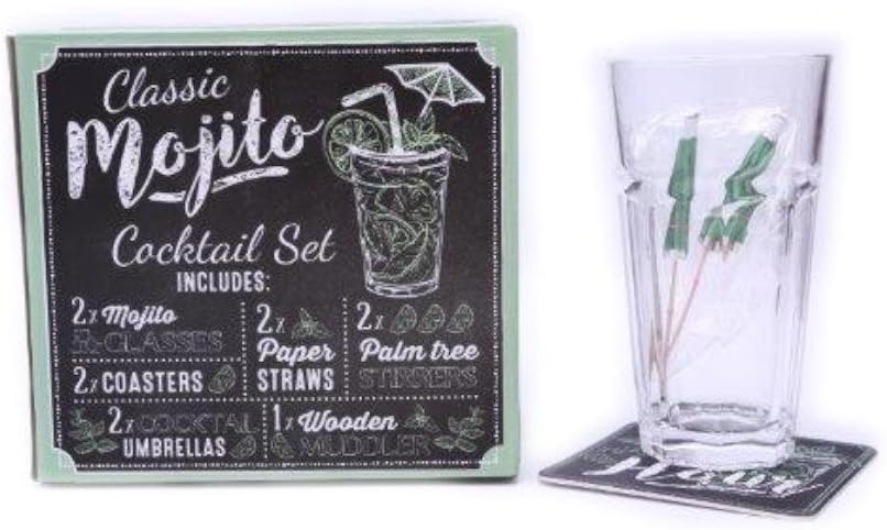 Mojito Cocktail Maker Gift Set 2 Glasses Paper Straws Coasters Stirrers Muddler