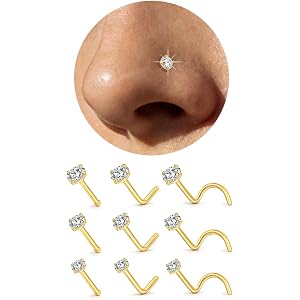 HYGCSP 9PCS Titanium Nose Rings Studs for Sensitive Skin, 20G Gold Nose Studs Set for Women Men – Straight Nose Stud, L Shape