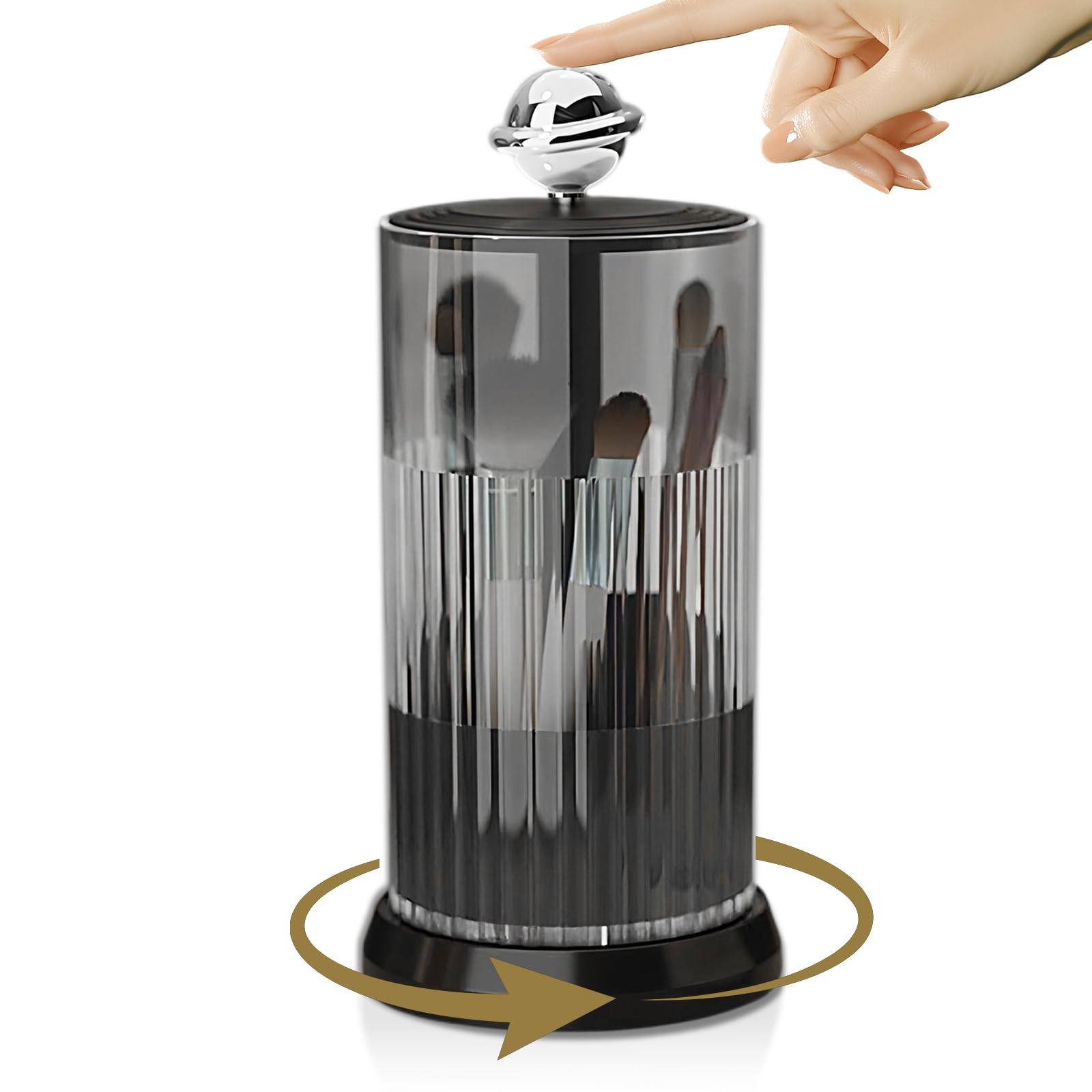 Photo 1 of Auto Rising Makeup Brush Holder,360° Rotating Makeup Brush Organizer with Waterproof & Dustproof Lid,Push-to-Pop Cosmetic Storage for Vanity, Bathroom Countertop,Holds Brushes, Pens, Eyeliner (Black)
