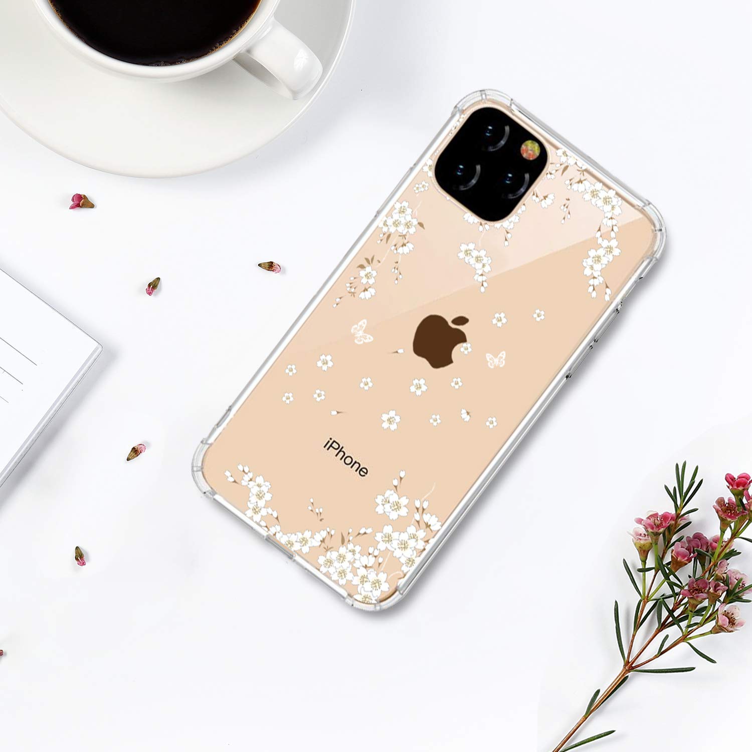 UCMDA Compatible with iPhone 11 Pro Max Case - Flexible Slim Clear Silicone Cover Case for iPhone 11 Pro Max 6.5 Inch 2019 - White Sakura