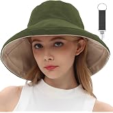 vidsel Womens Sun Hats Wide Brim Reversible Bucket Cotton Hat with Hat Clip | Packable Summer Travel Cap,UV Protection,Double-Layer 100% Cotton,Shapeable Wire Brim,Adjustable Chin Strap,M/L Head Size