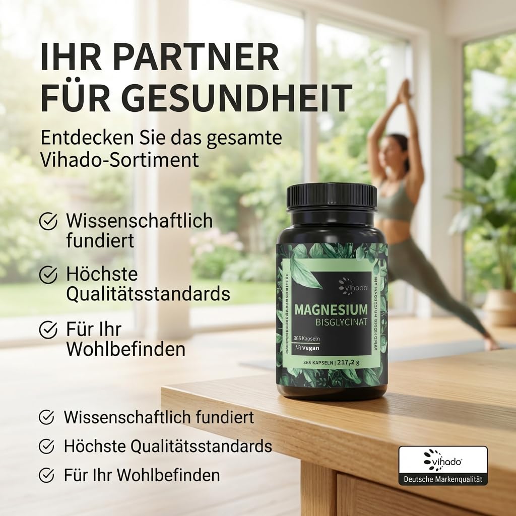 Vihado Magnesium Bisglycinat 365 XXL-Vorrat, 200 mg elementares Magnesium pro Tagesdosis, hochdosiert, 365 vegane Kapseln 5