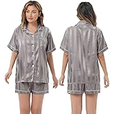 AiSomnus Women's Silk Striped Pajamas Set Short Sleeve Top and Shorts 2-Piece Silky Nightwear Button-Down Pj Sets Sleepwear