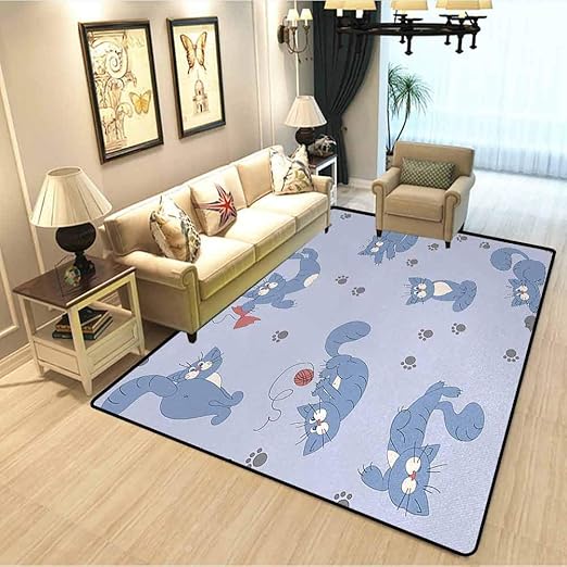 Amazon Com Boys Modern Area Rug Playful Cat In Funny Poses With Bowtie Ball Of Yarn And A Mouse Grey Paw Prints European And American Fashion Carpet Blue Purple Grey W6 5xl9 8 Feet Kitchen